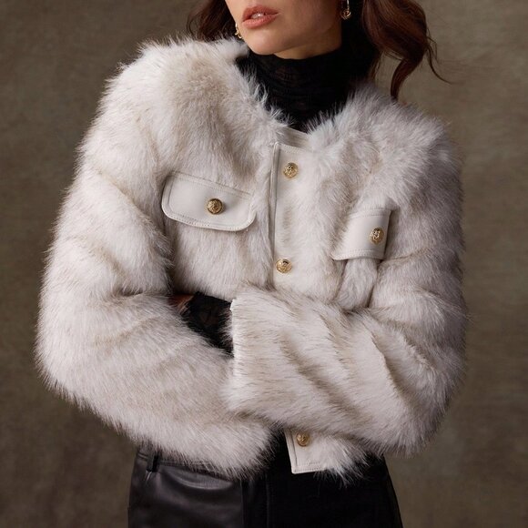 Elegant Women's Faux Fur w/ faux leather detail button down Coat jacket - Picture 1 of 8